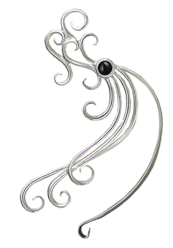 Sterling Silver Wind And Waves Left Only Ear Cuff Wrap With Black Onyx